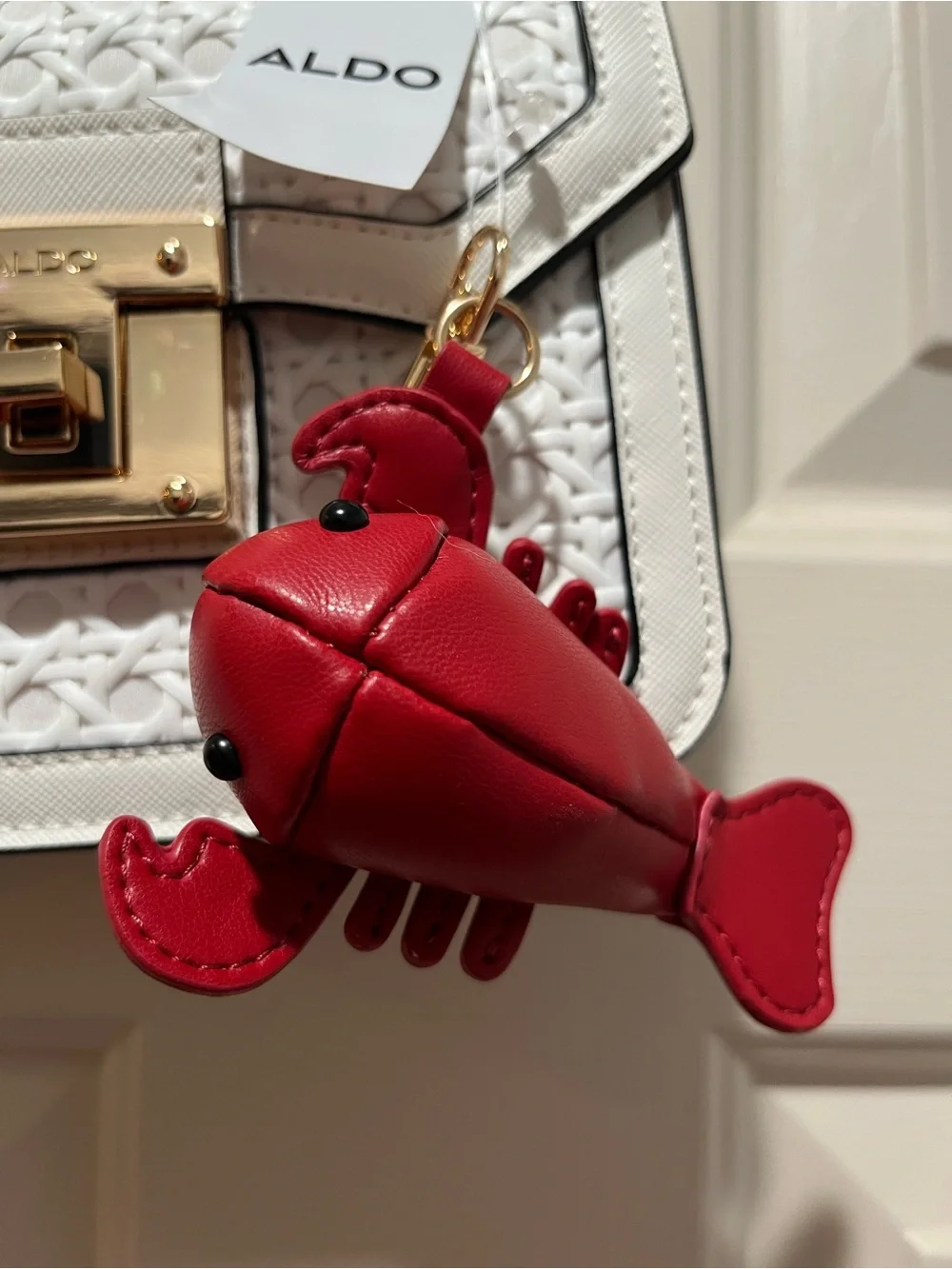 ALDO White Woven Top-Handle Satchel with Red Lobster Charm
